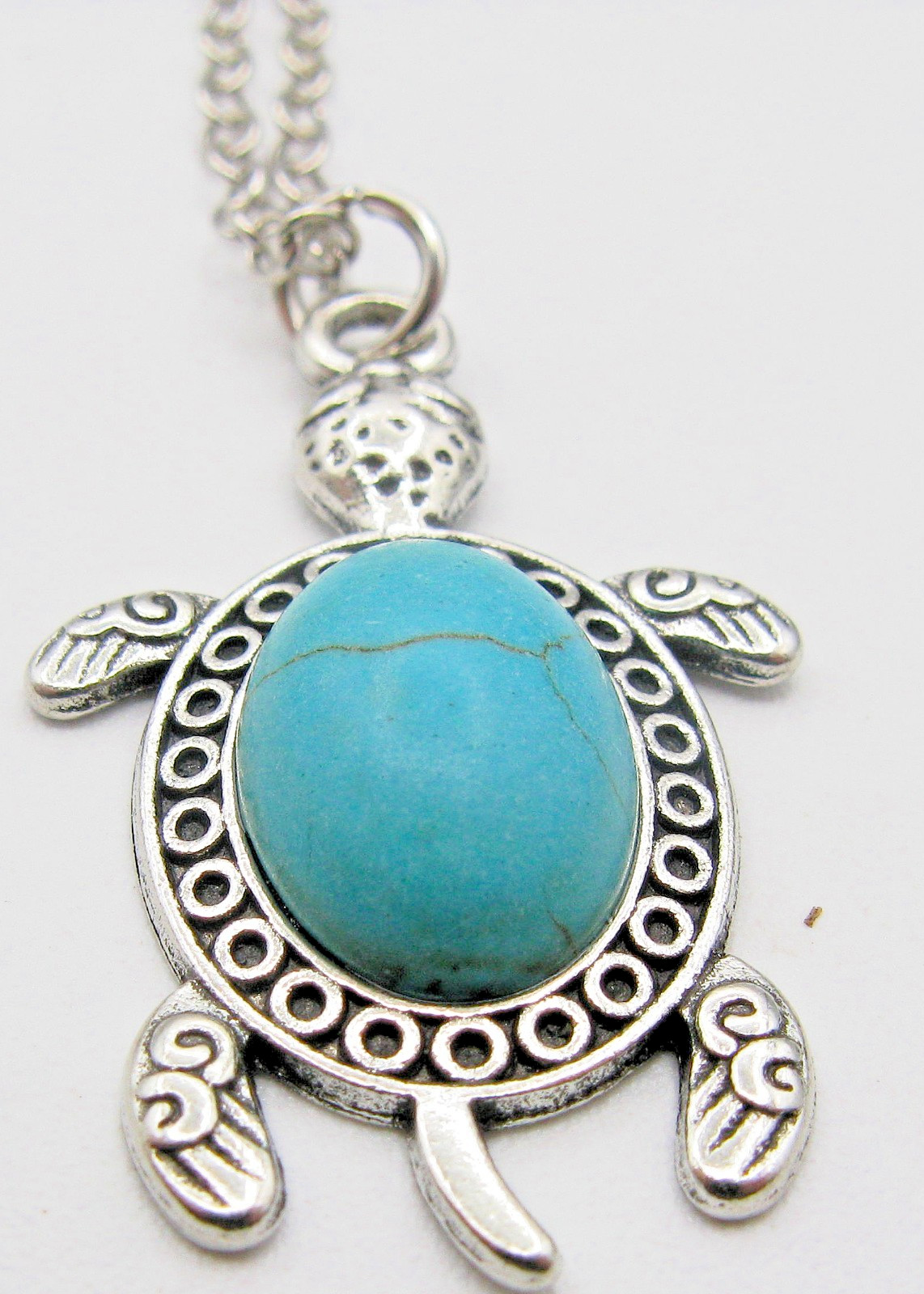 Silver Tone Turtle Necklace and Earring Set, Turquoise Stone, 16.5″ & Extender