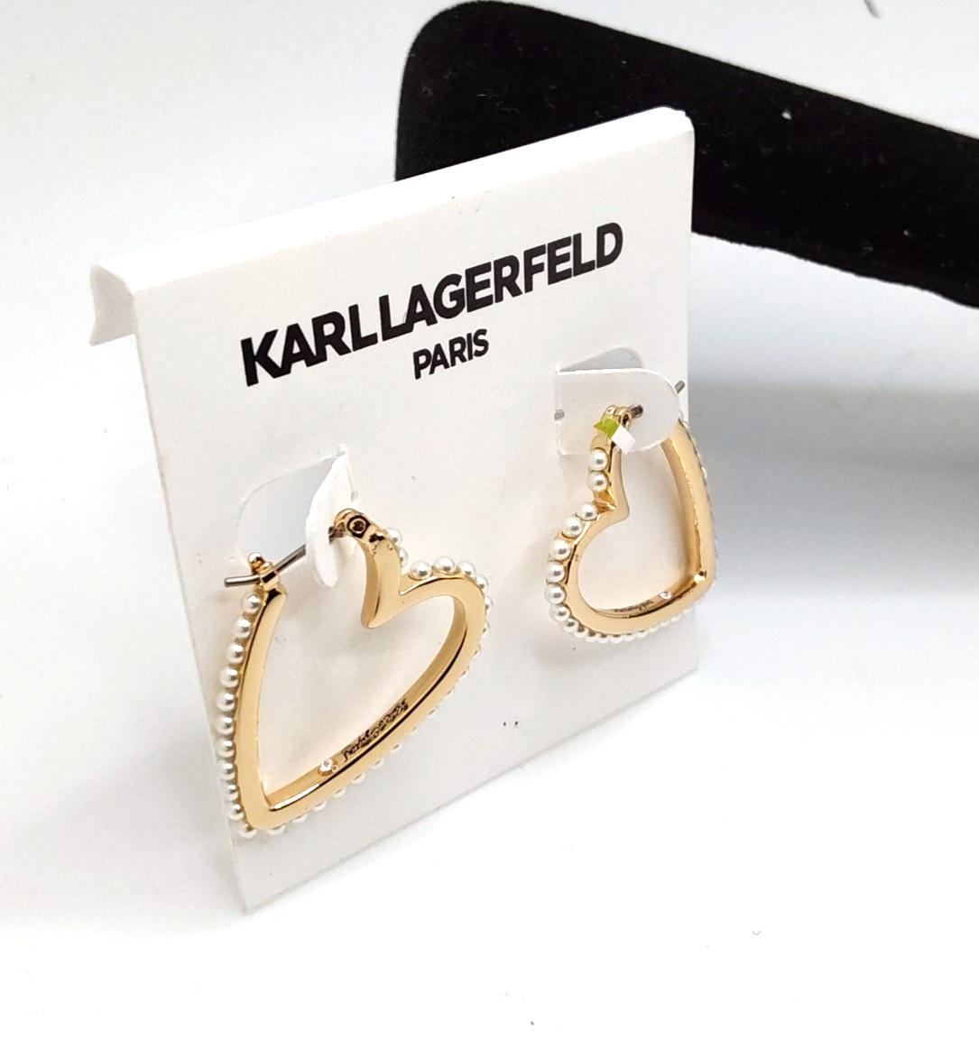 Karl Lagerfeld Paris Gold Heart Shaped Hoop Earrings Adorned With Faux Pearls