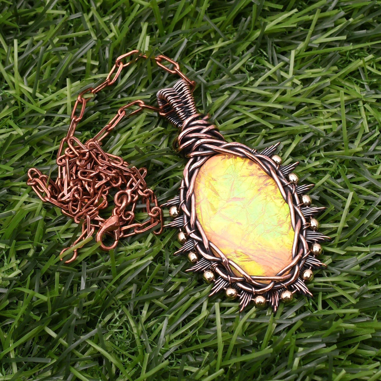 Triplet Fire Opal Gemstone Copper Wire Wrap Handmade Jewelry Pendant 2.28″