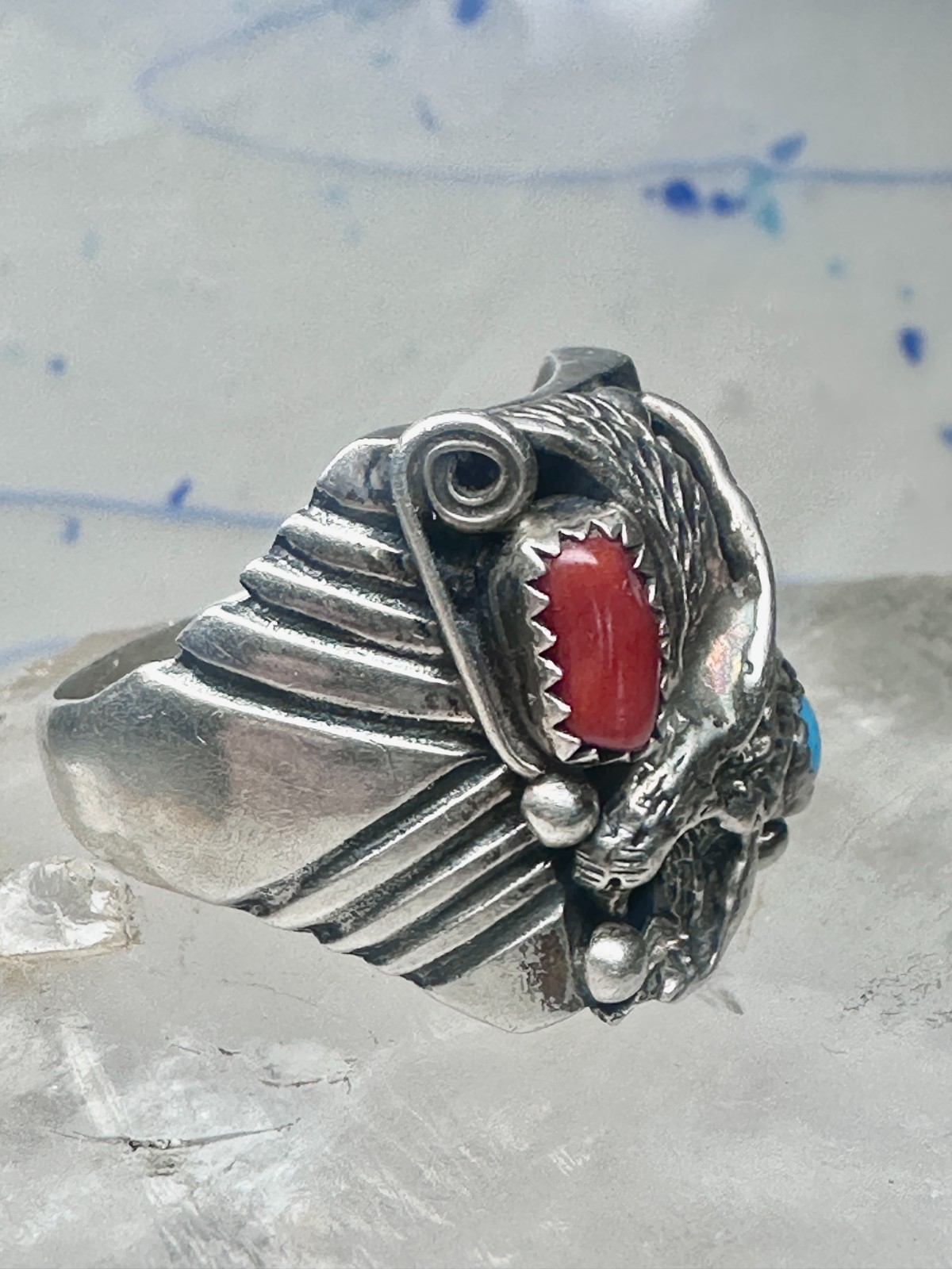 Eagle ring turquoise coral southwest band band Size 11.7 sterling silver