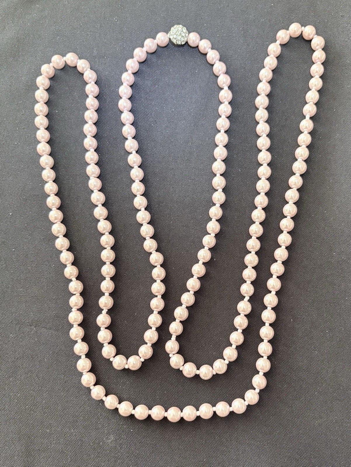 Light Pink Faux Pearl Necklace 57” Rhinestone Pave Ball Beads Between Pearls