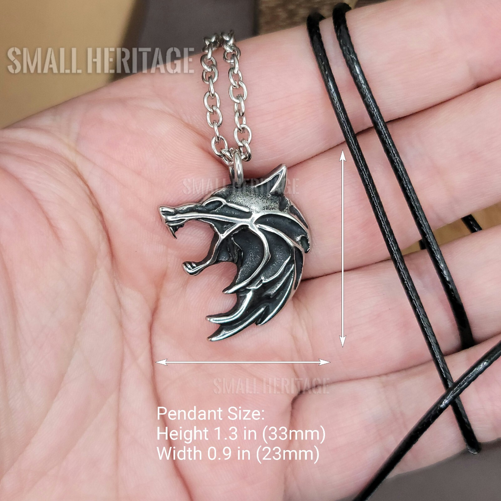 Small Heritage Wolf Head Viking Necklace Stainless Steel Witcher Pendant Amulet