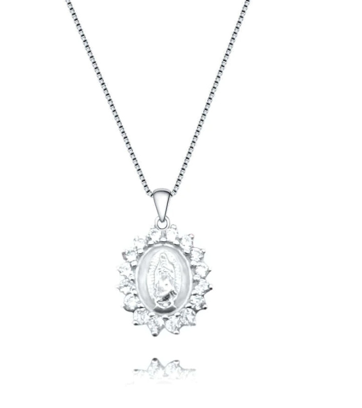 Sterling Silver CZ Virgin Mary Pendant Necklace with 18″ Silver Box Chain B27