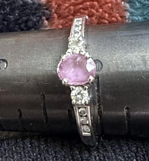 14K White Gold Pink Sapphire Three Stone Engagement Ring Oval Diamonds Size 6
