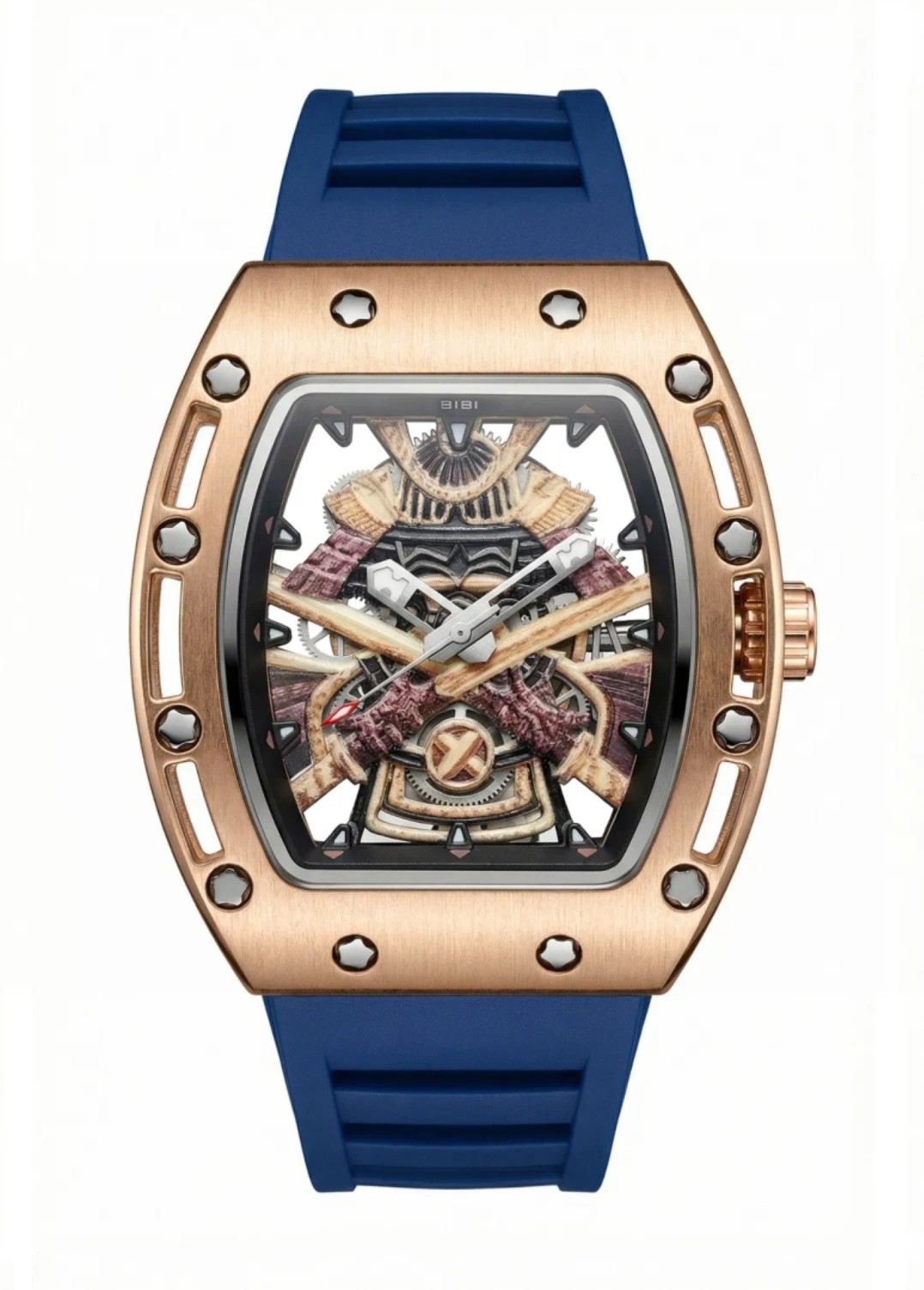 BIBI Luxury Watch B0308 Samauri Skeleton Dial, Rose Gold Case, With Blue Strap