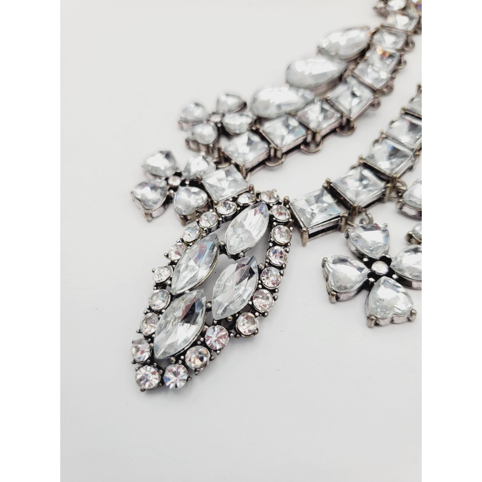 Statement silver tone Rhinestone flower square tear drop pear Necklace 18″