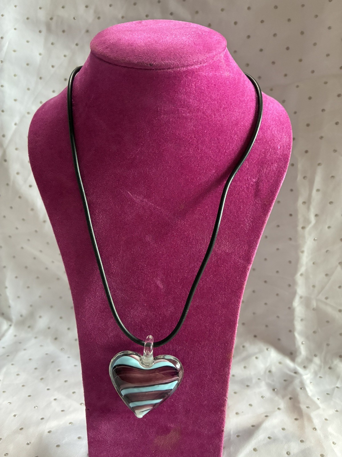 Murano Glass Style Purple White & Blue Heart Black Cord Necklace 38cm Length