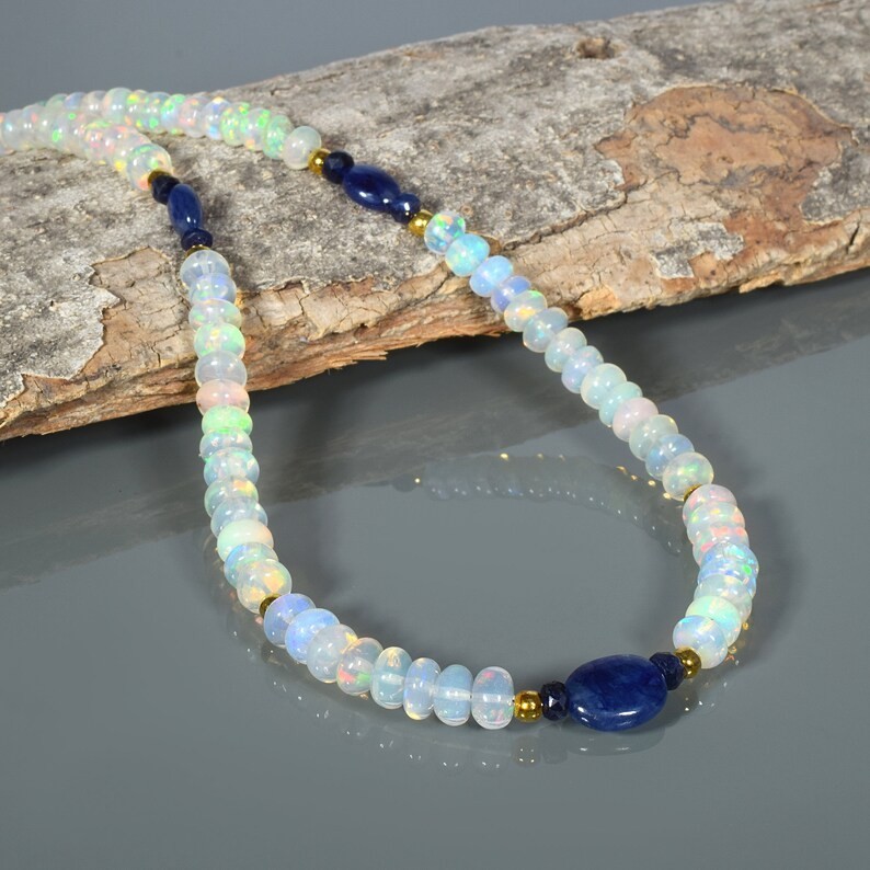 Natural Welo Fire Opal Blue Sapphire Beaded Necklace 925 Silver 18 in Handmade