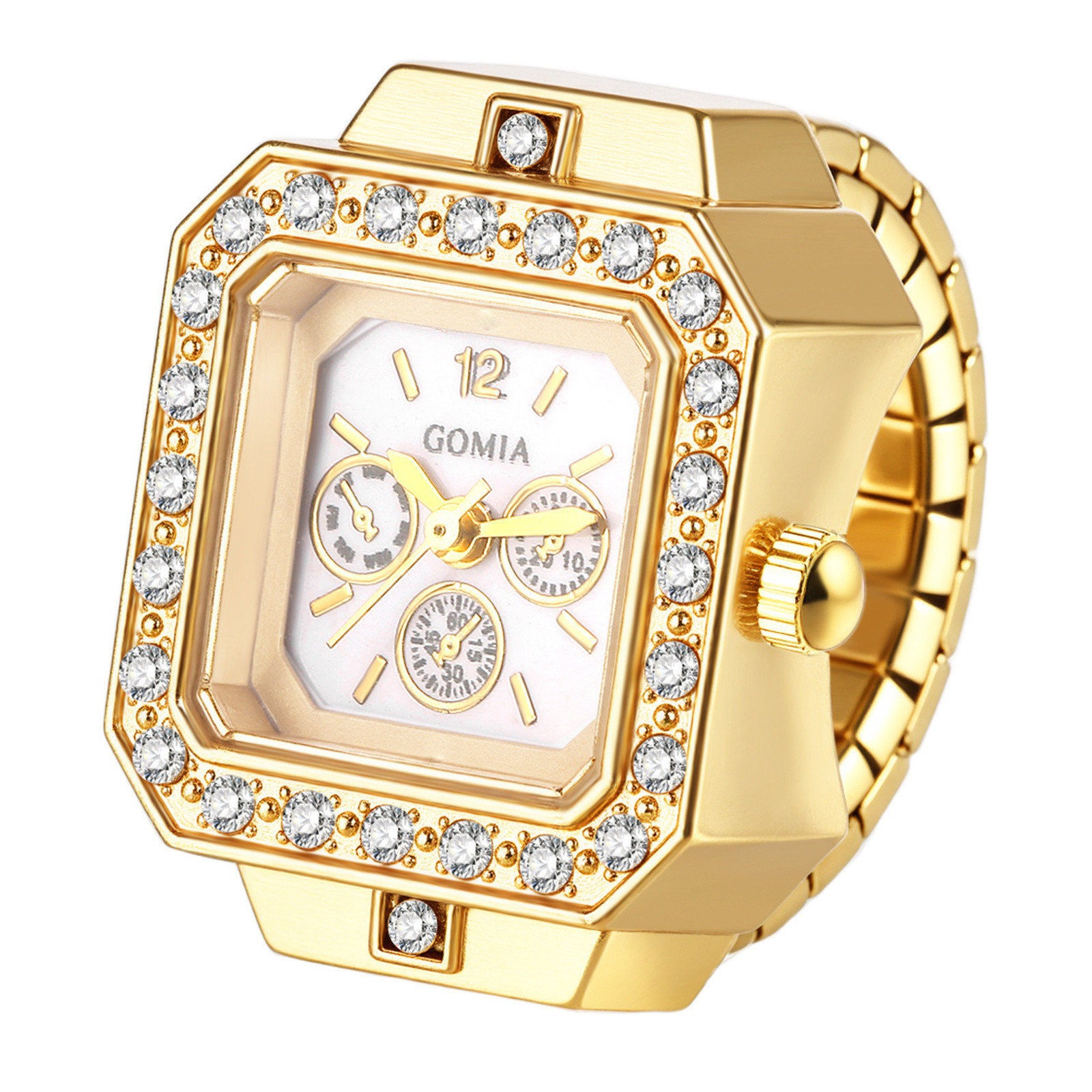 Bling Rhinestone Square Dial Elastic Finger Ring Quartz Watch Stretch Band