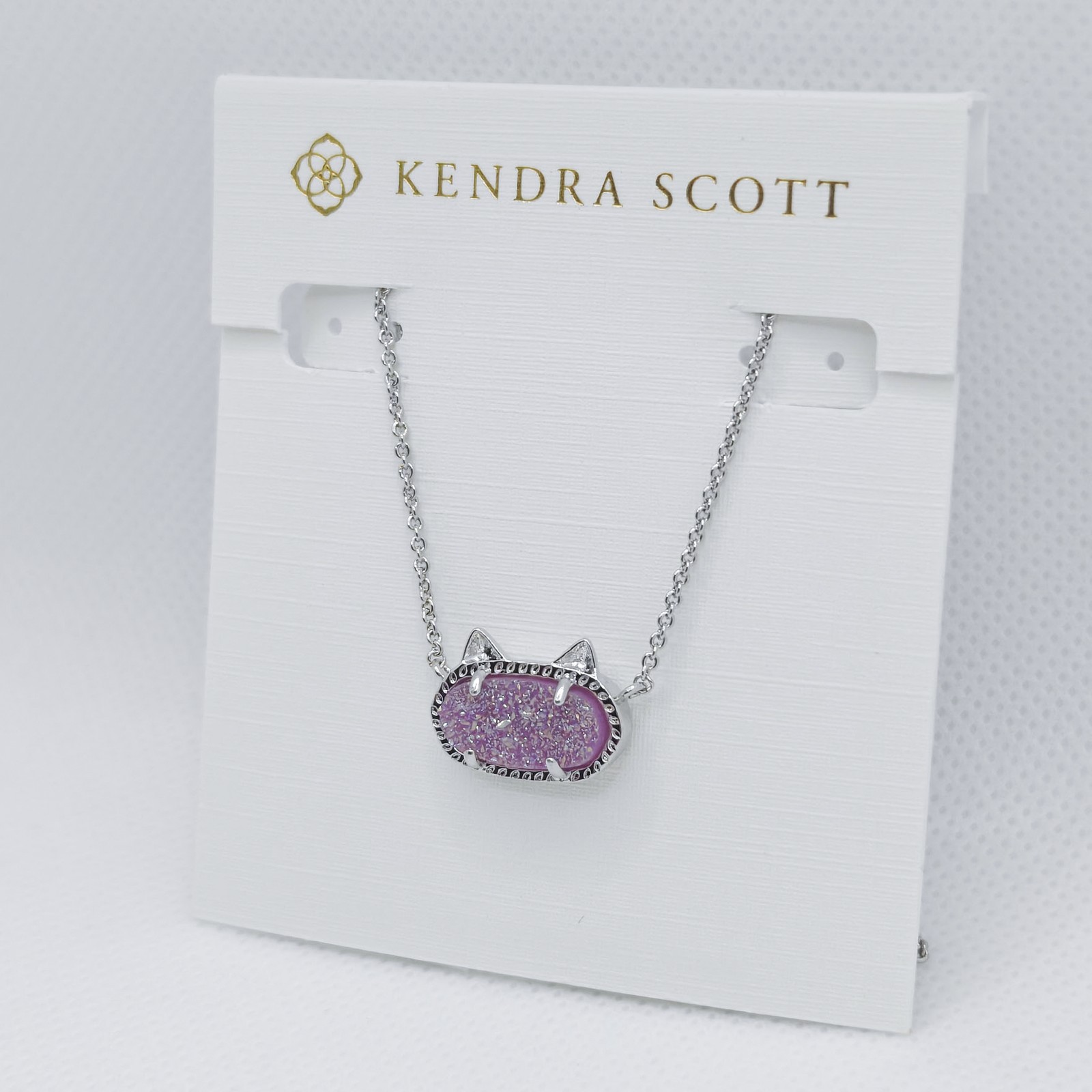 New Kendra Scott Elisa Silver Cat Kitty Pendant Necklace in Purple Drusy