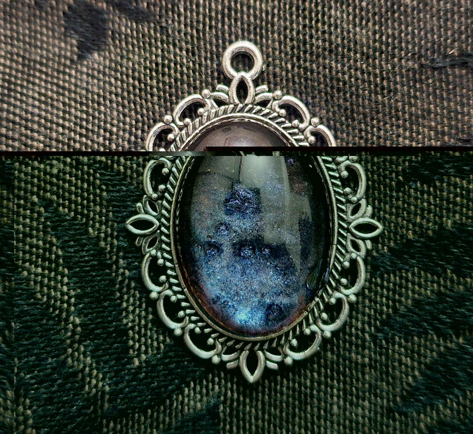 Silver Filigree Oval Resin Pendant Midnight Blue Purple Galaxy Shimmer Handmade