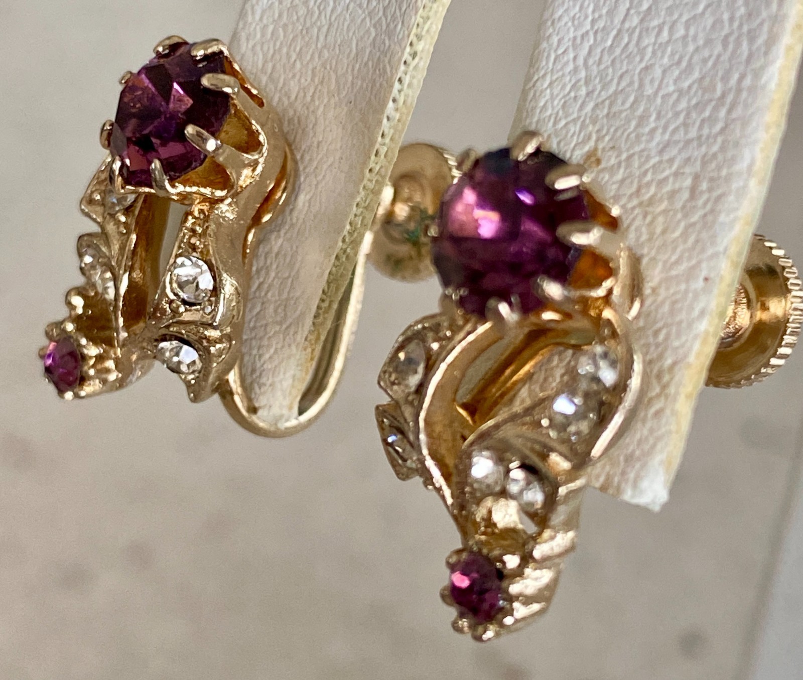 Vintage Faux Amethyst Rhinestone Set Abstract Floral Design Clip On Earrings