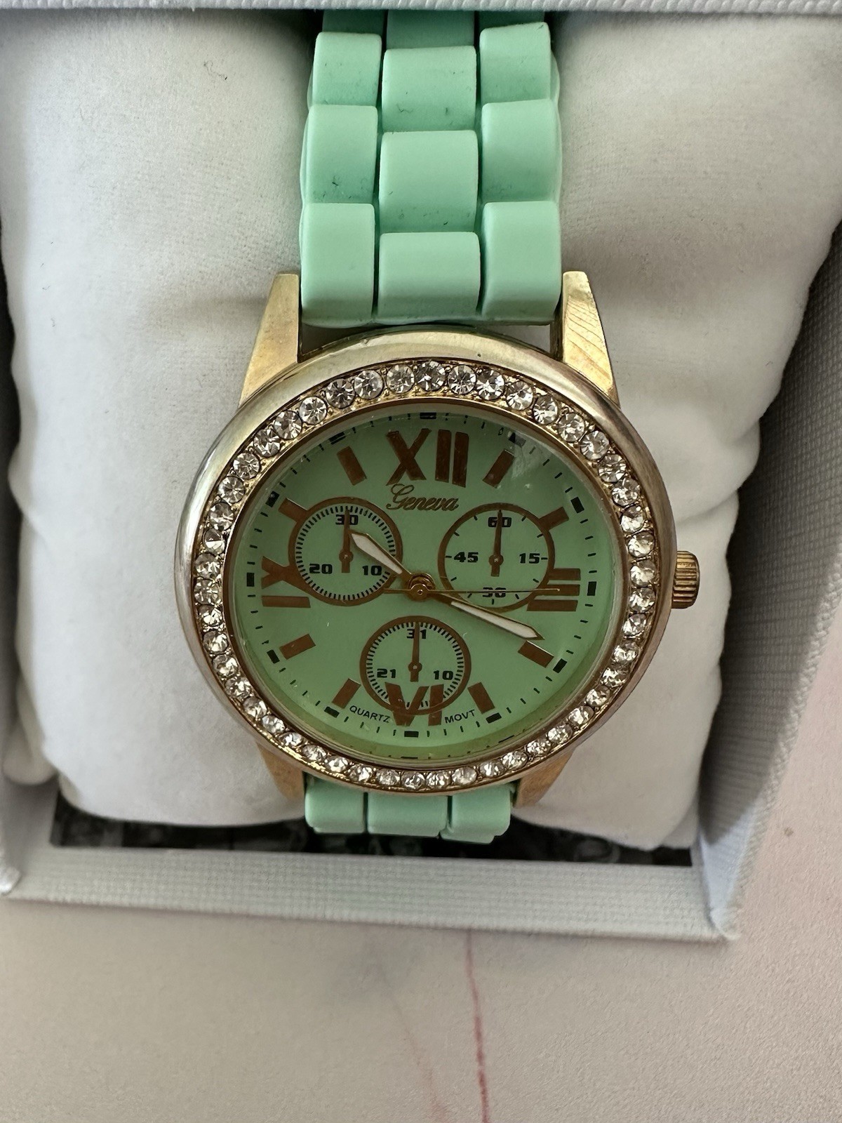 Geneva Women’s Quartz Analog Green Dial Rubber Strap Gold Tone Rhinestone Bezel