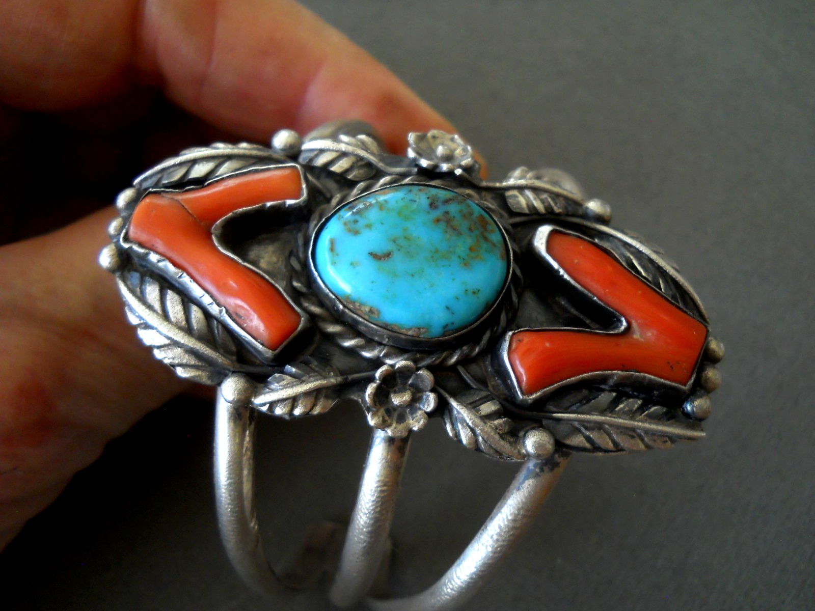 Native American Navajo Rich Blue Turquoise Branch Coral Sterling Silver Bracelet