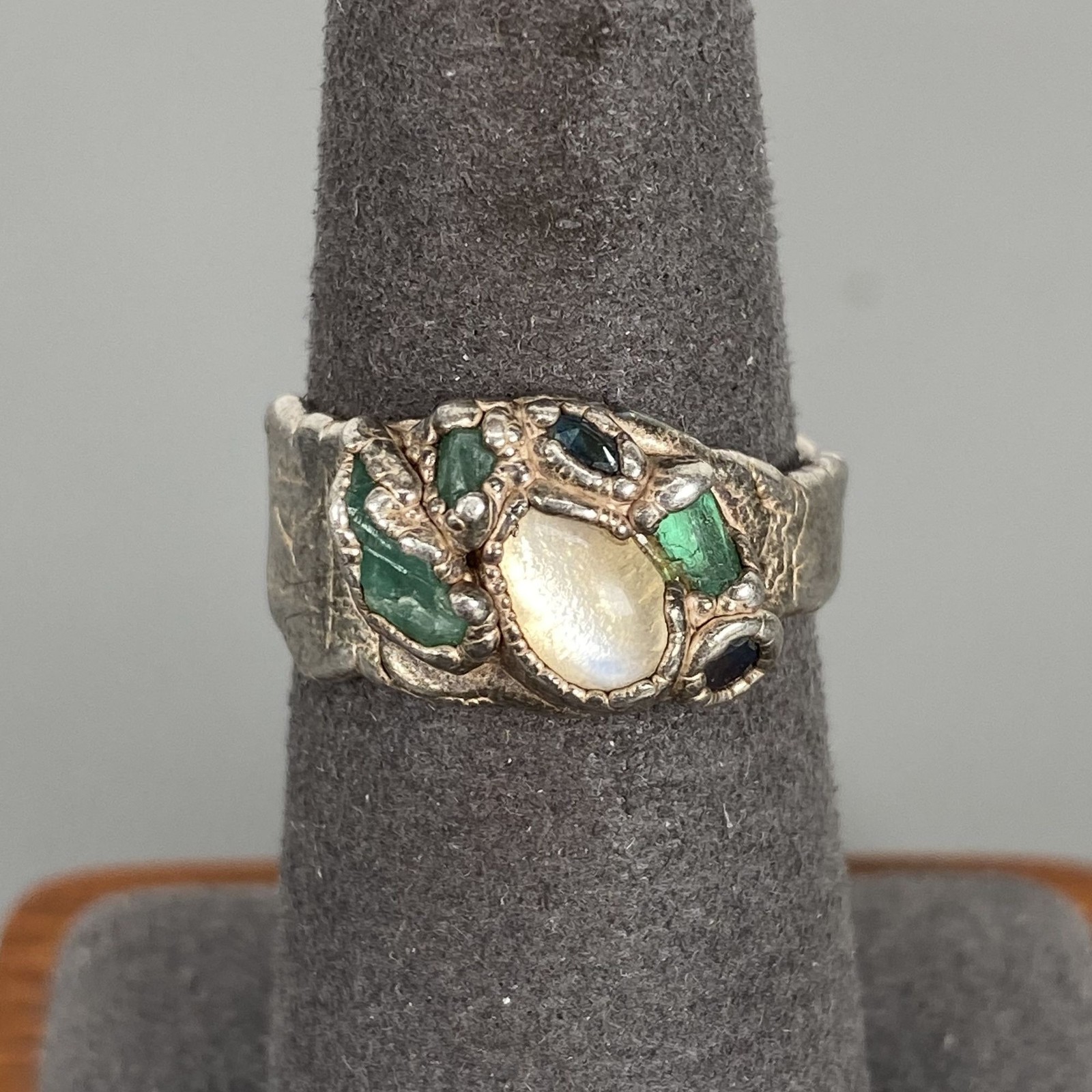 Artisan Sterling Silver Abstract Brutalist Moonstone Tourmaline Sapphire Ring 7