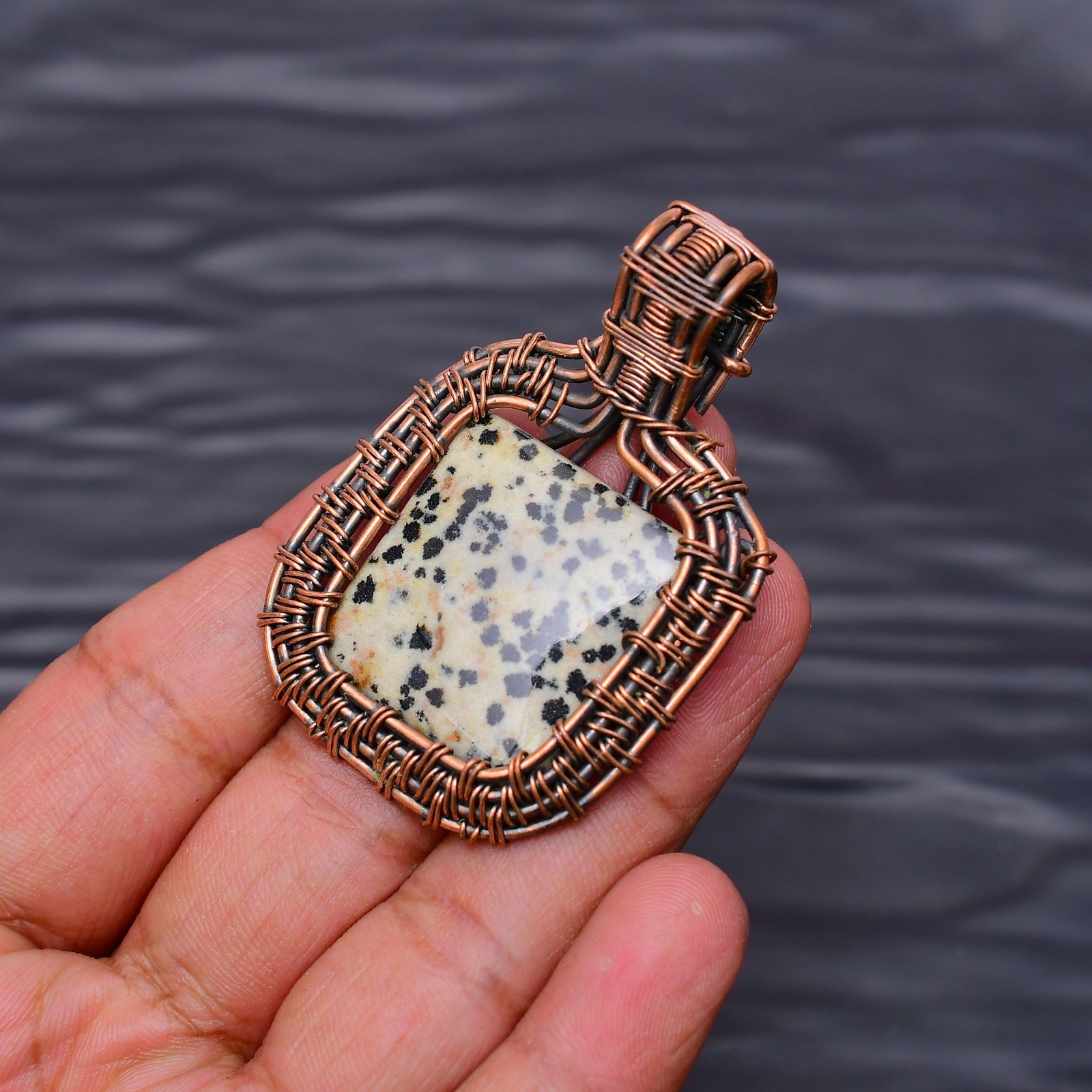 Dalmatian Jasper Gemstone copper wire wrapped Handmade pendant Jewelry 1.96″