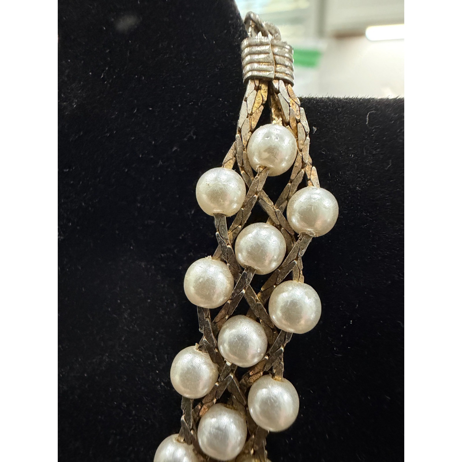 Vintage Artistry Faux Pearl Woven Bib Necklace Gold Tone Lattice 80s 90s Choker