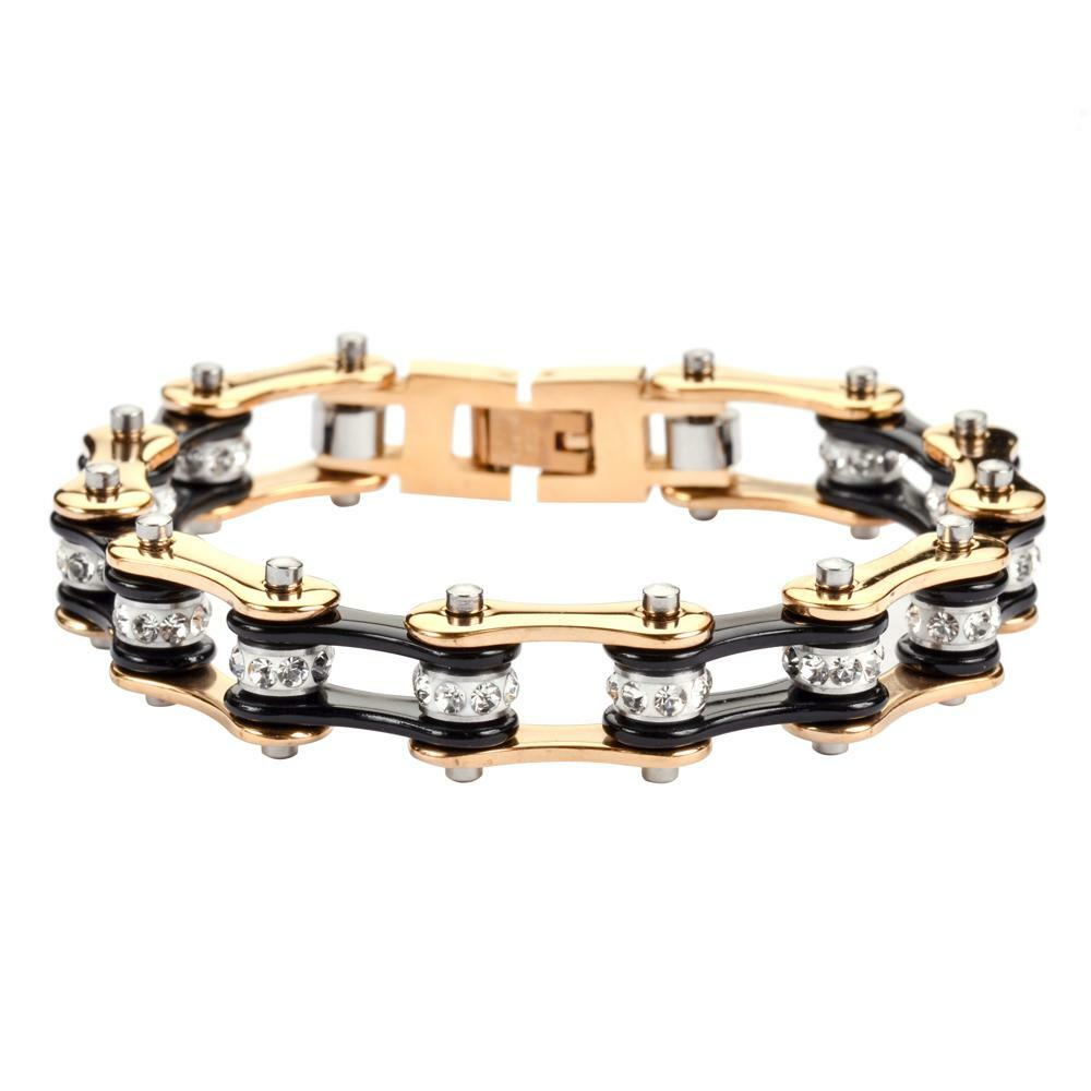 10mm wide Women’s Stainless Steel Gold / Black Motorcycle Tennis Bracelet 61