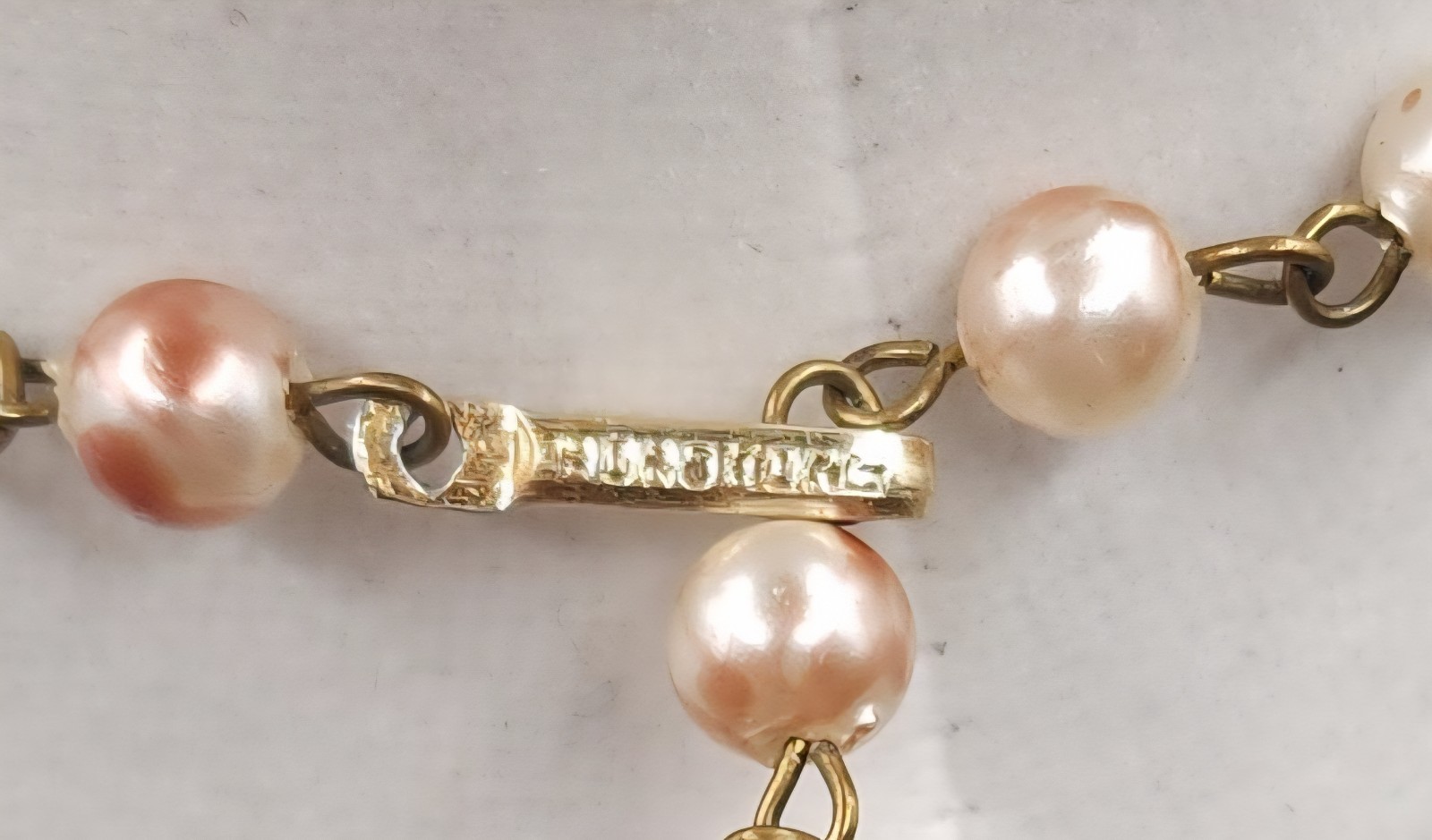 Vintage 1960s Pink Gold Pearl Triple Strand Necklace Hong Kong Mid Century Bib