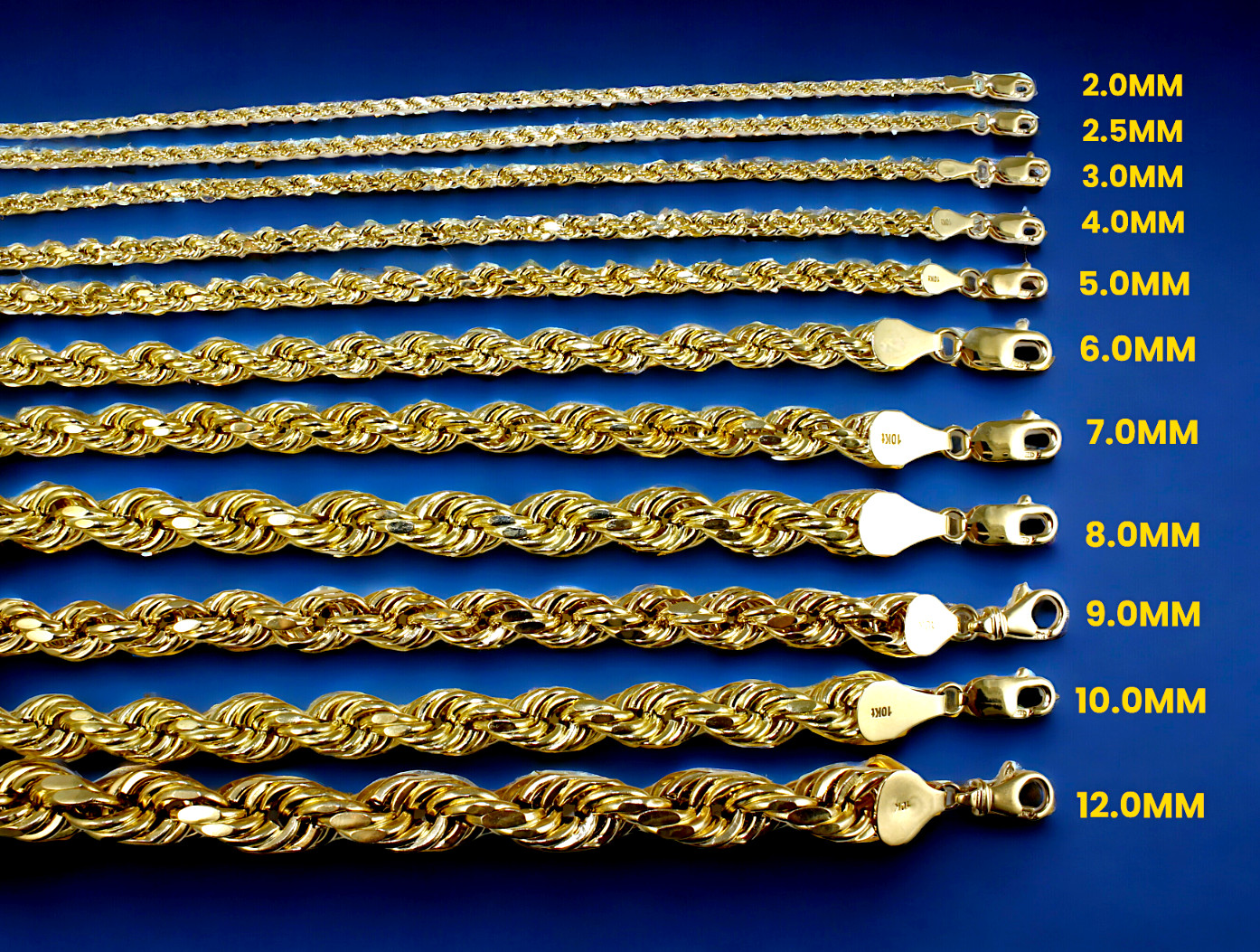 10K Yellow Gold Rope Necklace Chain Diamond Cut Real Gold 2mm-12mm 16″-30″