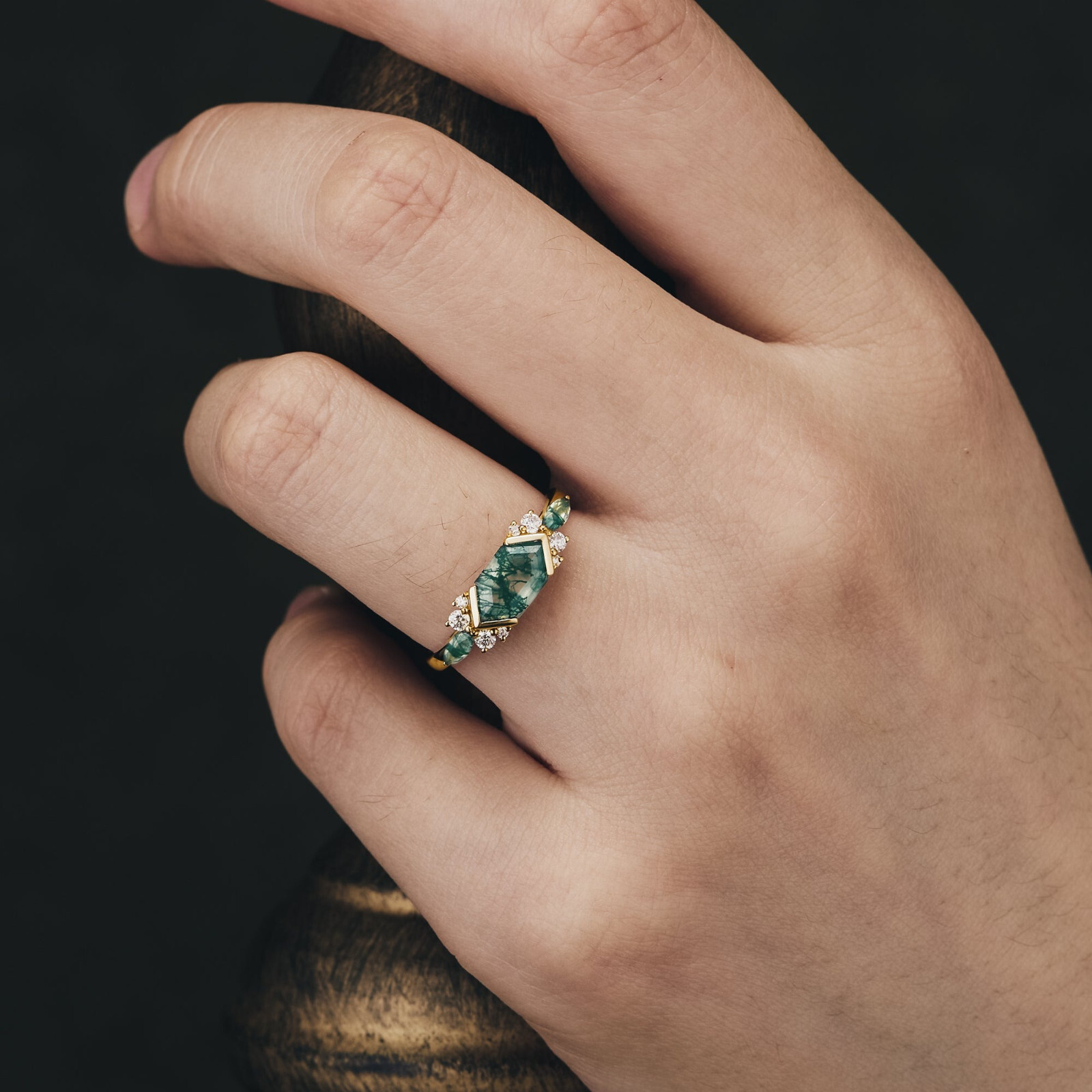 Hexagon Moss Agate Engagement Ring 925 Silver Gold Olated Ring Promise Gift Her