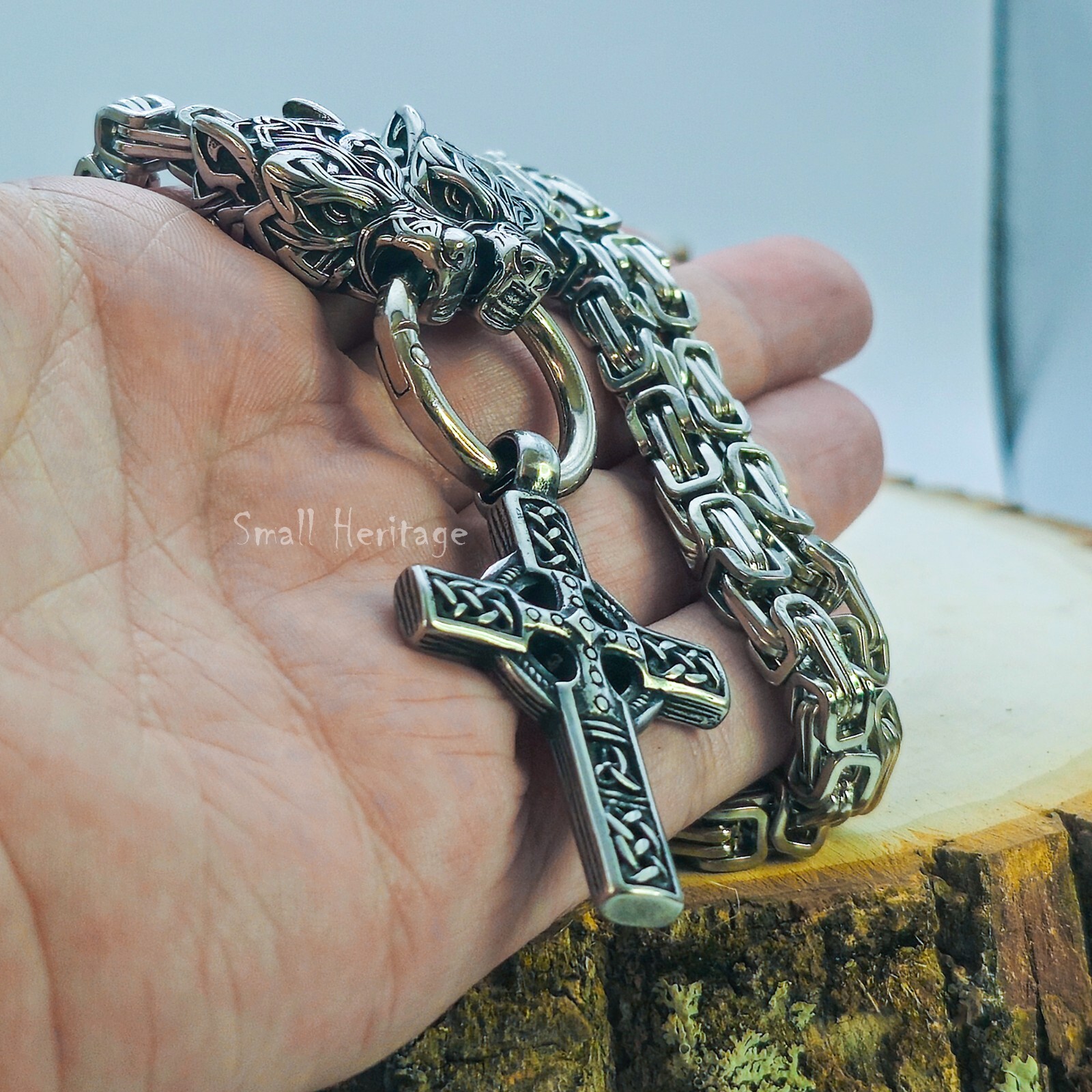Large Wolf Cross Necklace – Heavy Stainless Steel Celtic Viking Pendant for Men