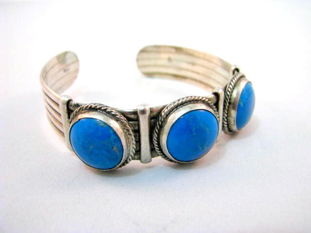 Solid Sterling Silver 900 Bangle With Larimar Bracelet Circa 1950
