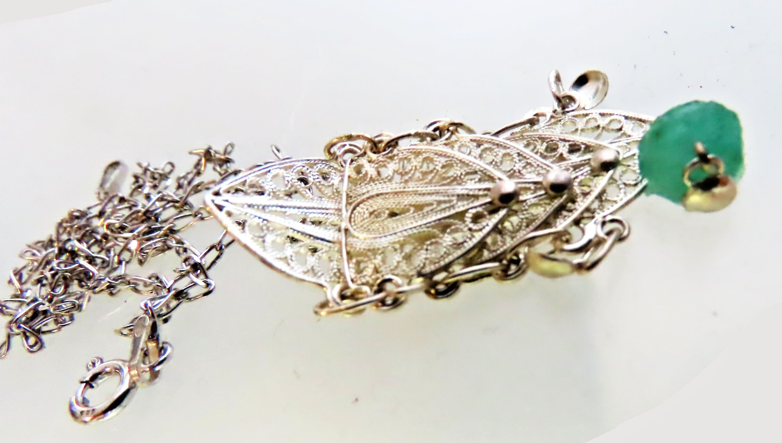 Untreated Natural Raw Colombian Emerald Filigree Silver Pendant