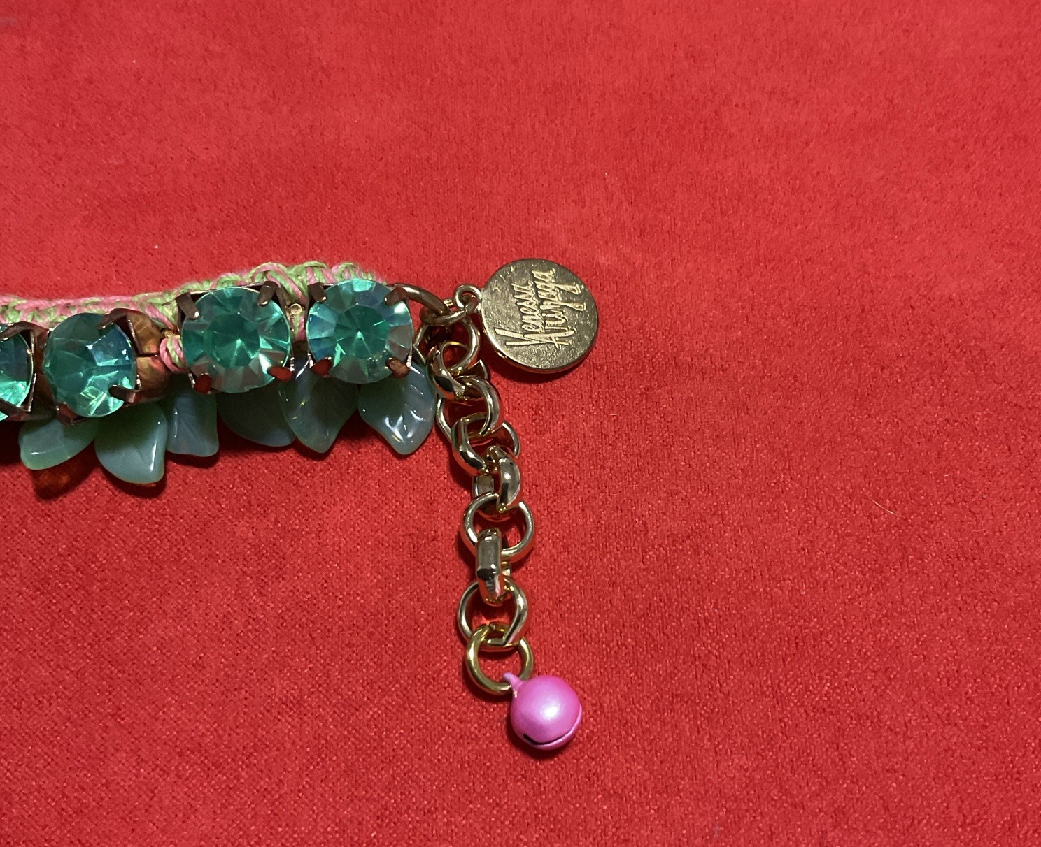 Venessa Arizaga Handcrafted Crochet Bracelet Faceted Green Crystals Leaf Charms