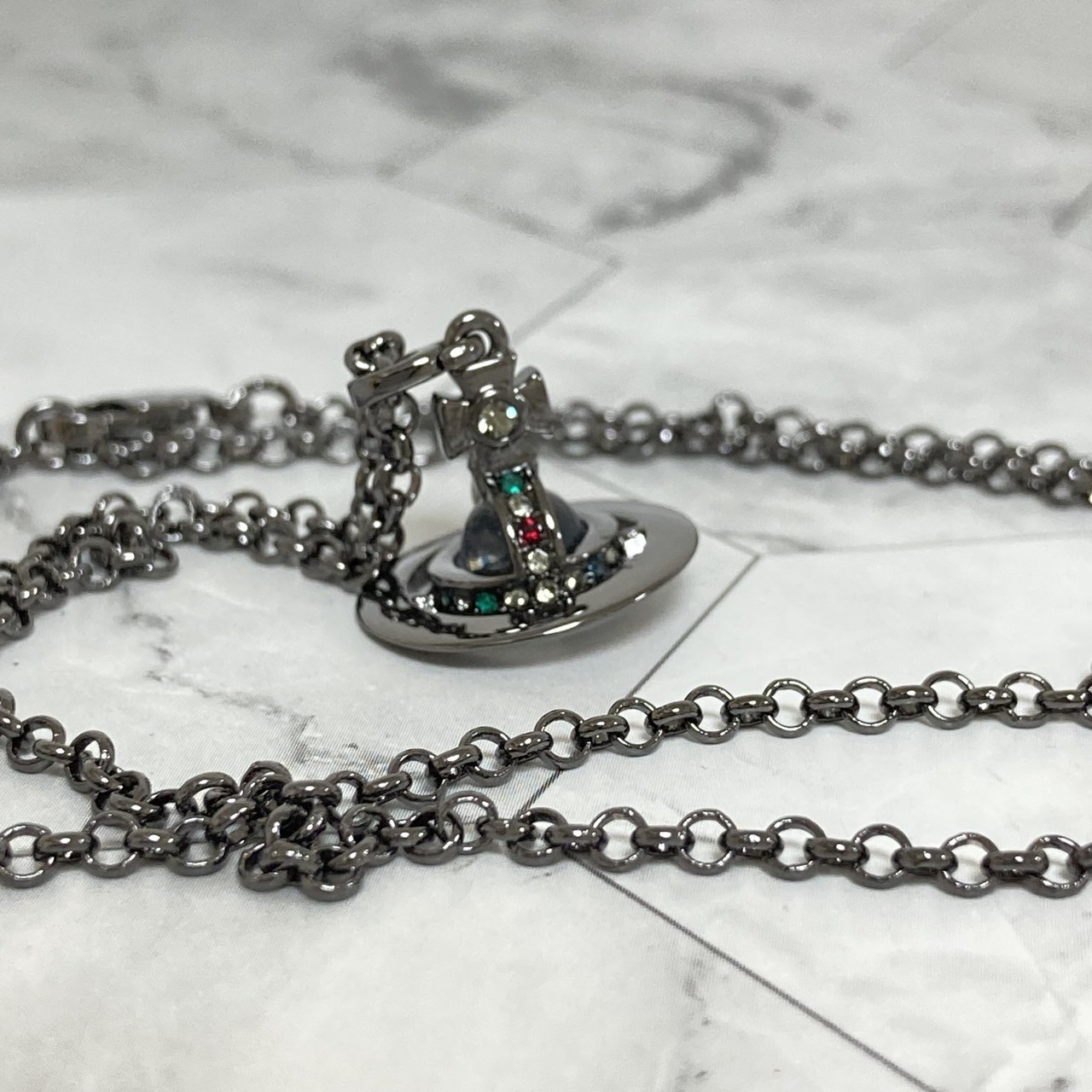 Vivienne Westwood Necklace Petit Orb Gunmetal Clear TOP 1.5 cm x 1.6 cm NO BOX