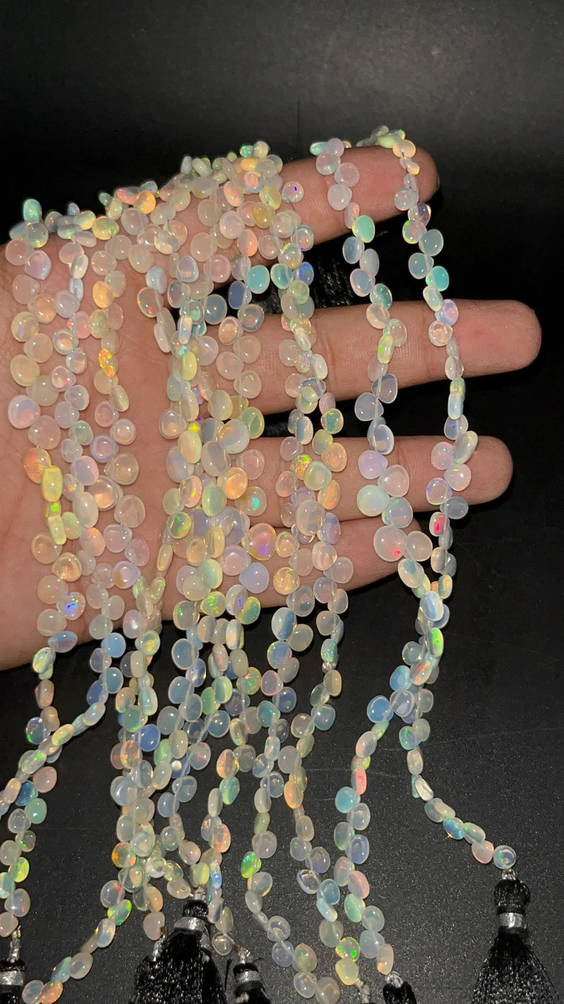 Ethiopian Opal Smooth Heart Shape Beads 3×5-4x6mm White Fire Opal 8 Inch Strand