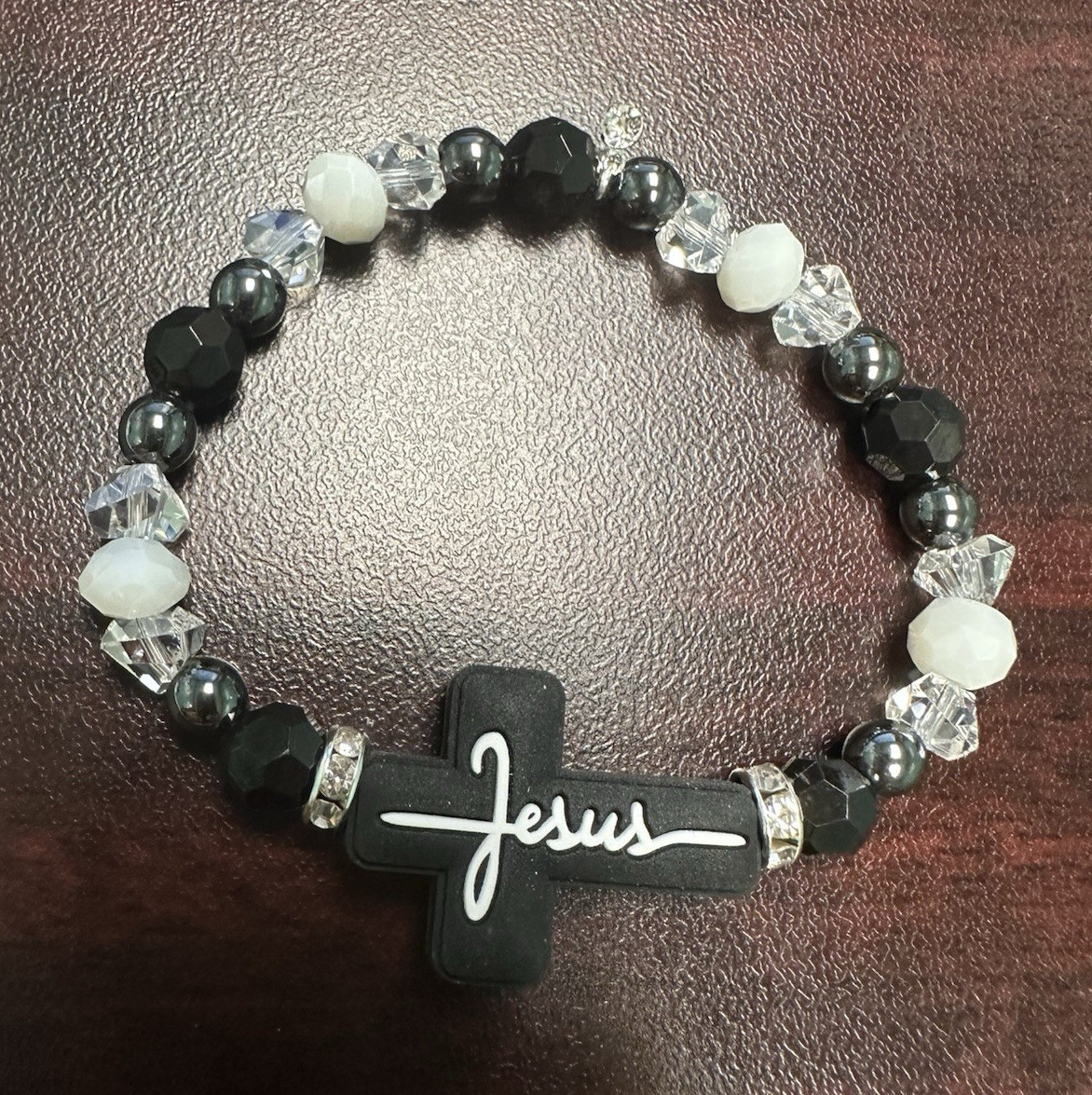 Black White Silver Beaded Elastic Stretch Bracelet w/ Jesus Cross Dangle Charm