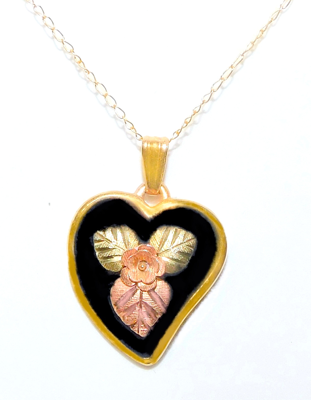 Black hills gold 10k Rose Heart Leaves Antiqued Enamel Pendant 10k Chain