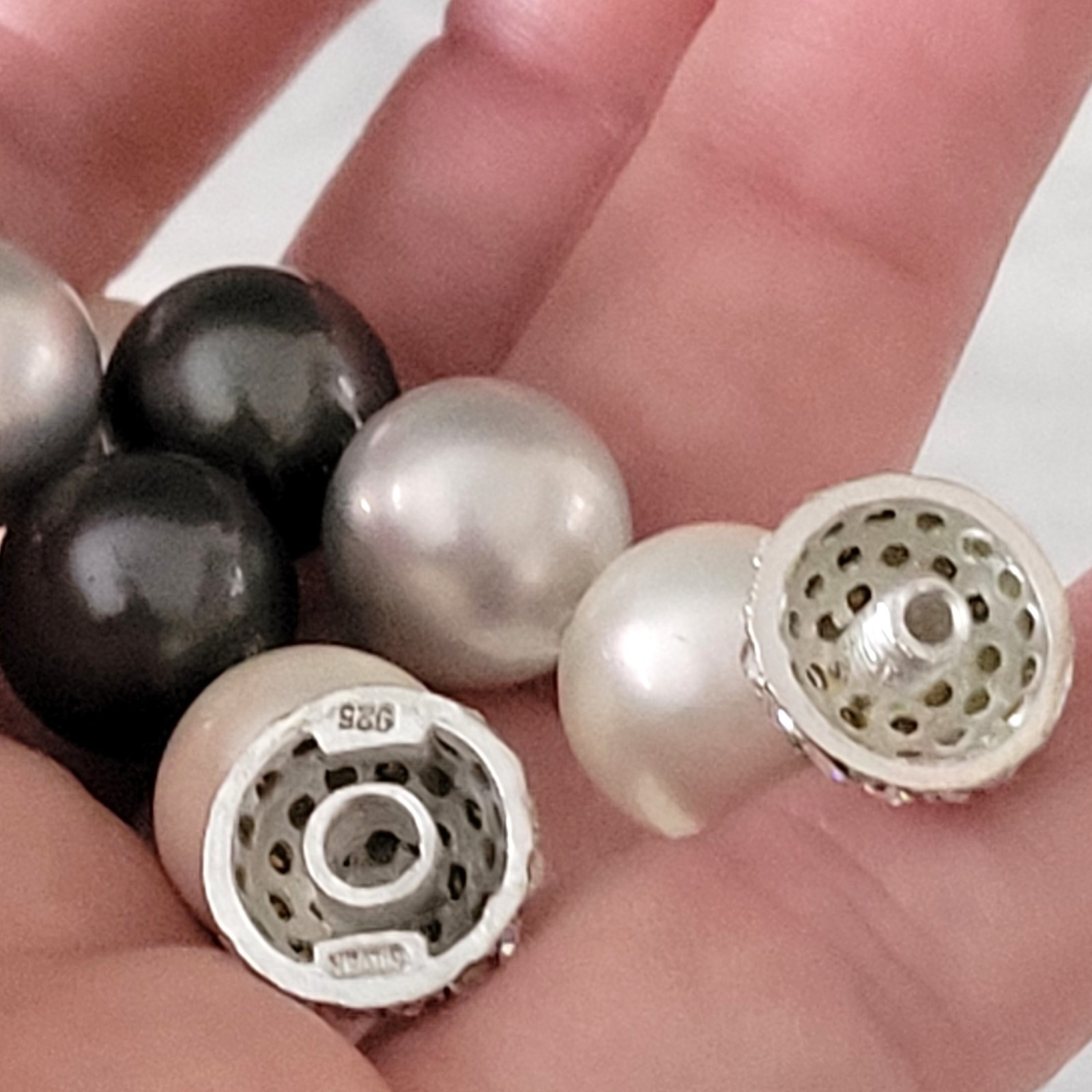 Faux Pearl Bracelet Black Gray White w/ 925 Sterling Silver Clasp + Stones NWOT