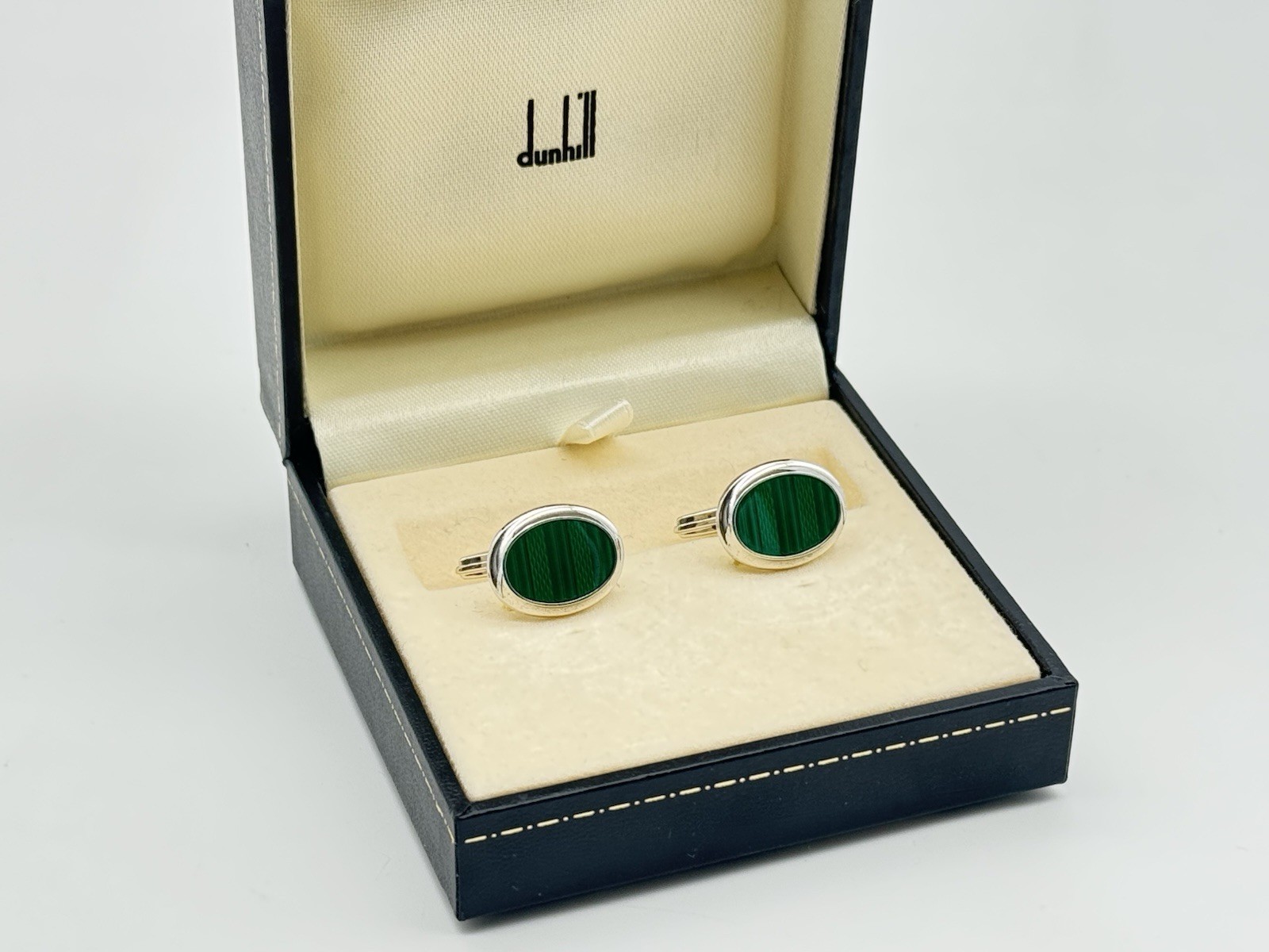 DUNHILL 925 SILVER GUILLOCHE GREEN ENAMEL CUFFLINKS MINT 100% GENUINE ~$550 RARE