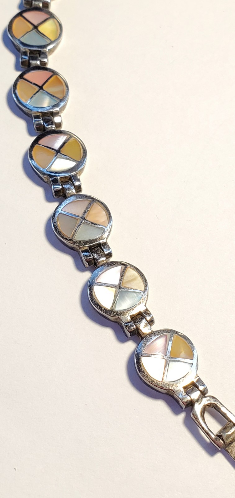 Vintage Bracelet, Sterling Silver & Shell, Artisan Made, 8 Inches Long