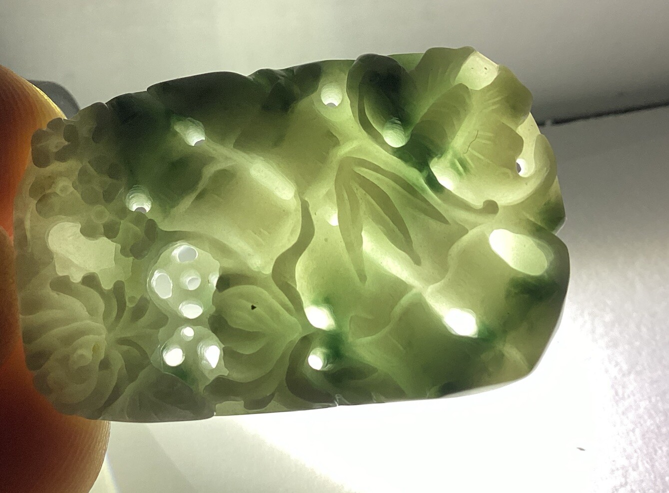 Light Tan & Green 1 Sided Jadeite Bamboo & Butterfly Translucent Pendant