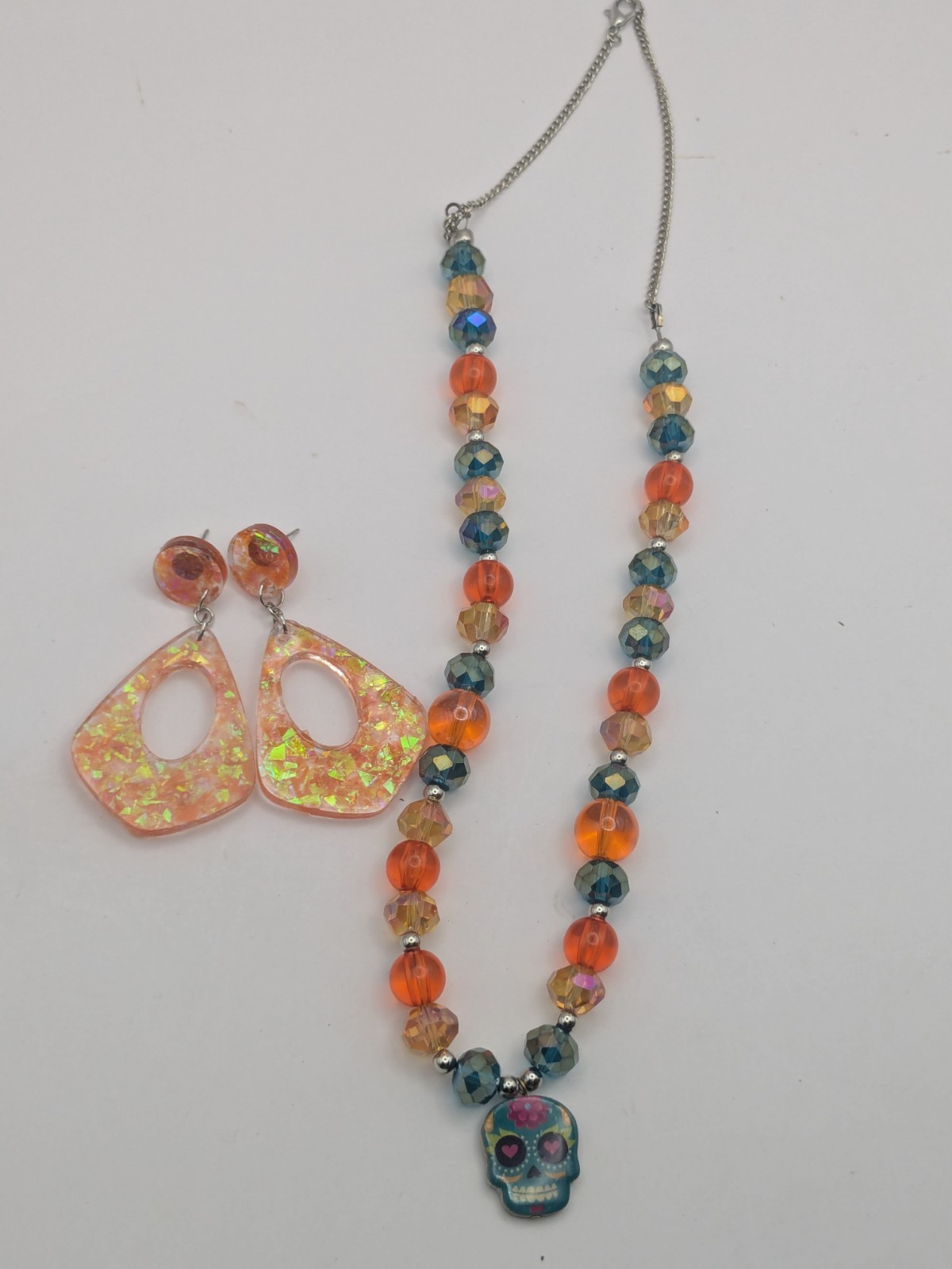Turquoise And Orange Beaded Necklace With A Sugar Skull Pendant