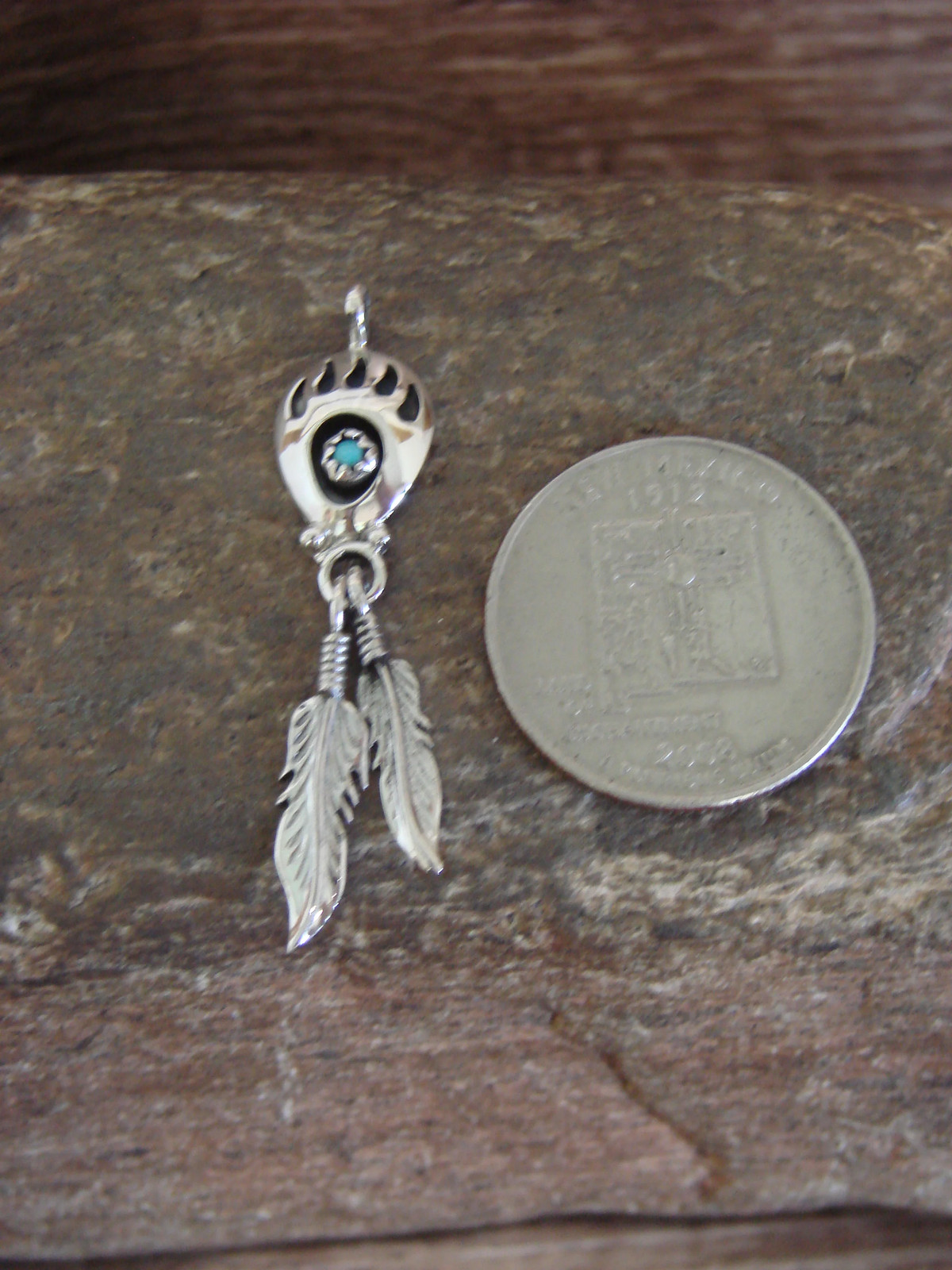 Native American Sterling Silver Turquoise Bear Paw Feather Pendant – Spencer