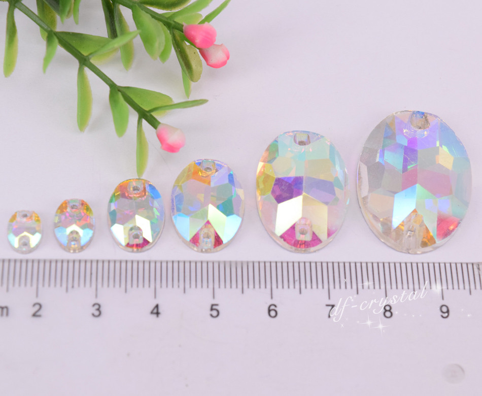 White AB Sew On Glass Crystal Rhinestones Elliptic Flatback Stone Size sele