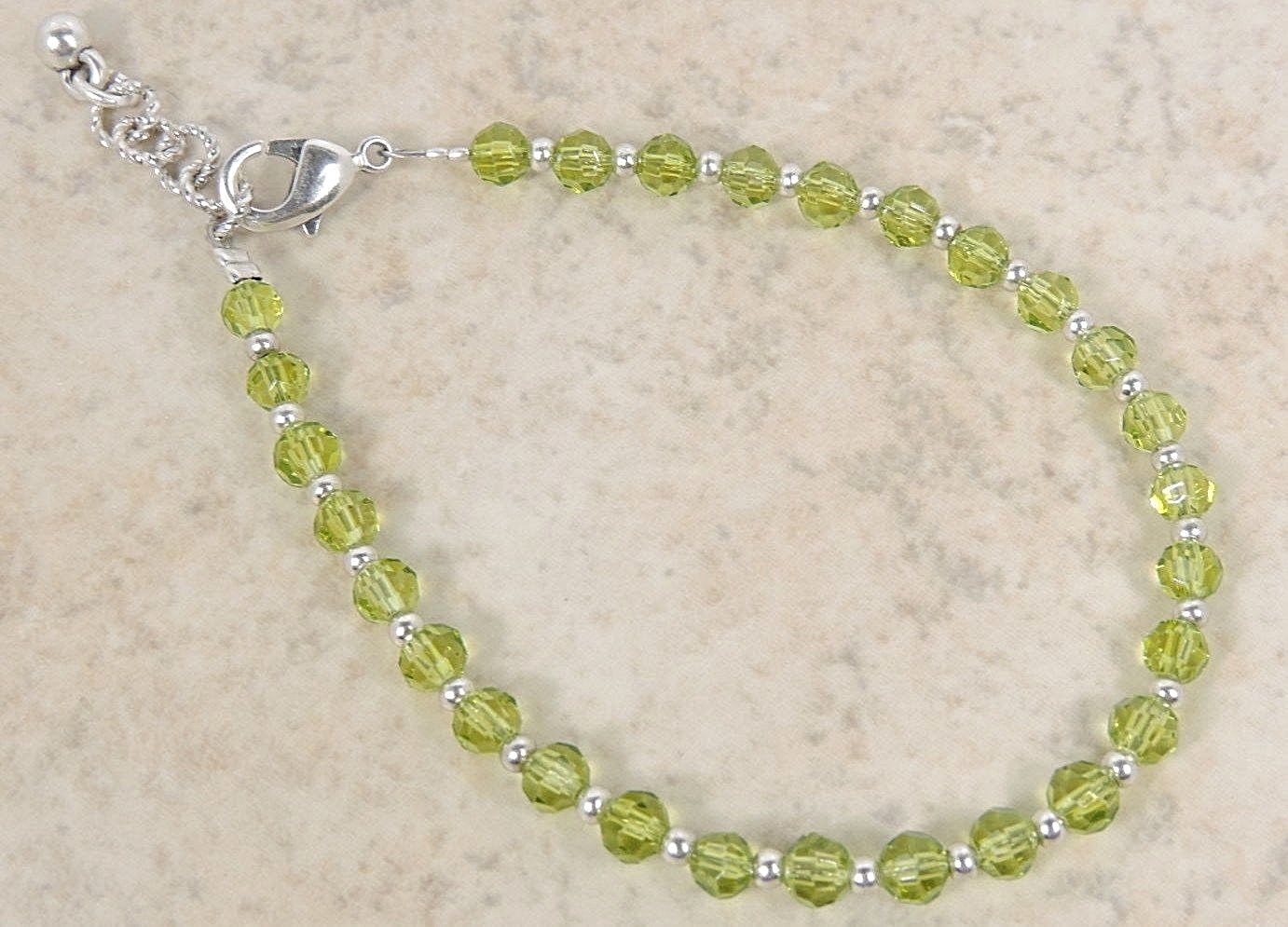 Green Crystal w/ Silver Beaded Children Child Bracelet 6 1/2 in. w/ Lobster Claw