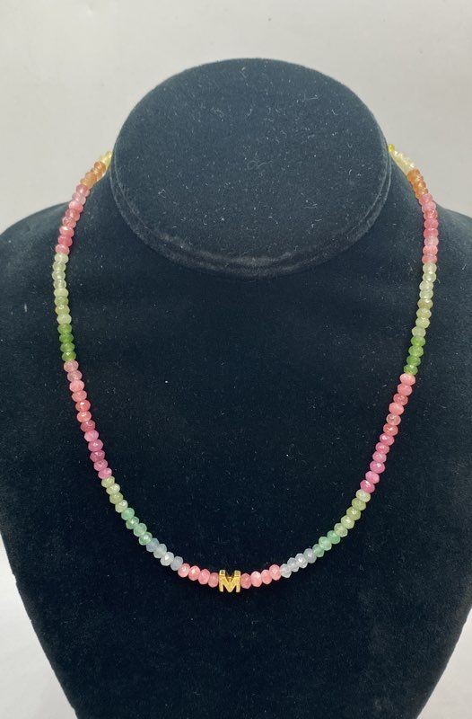 Sterling Silver 925 Multi Gemstone Beaded Necklace Initial M Ring Set Size 6