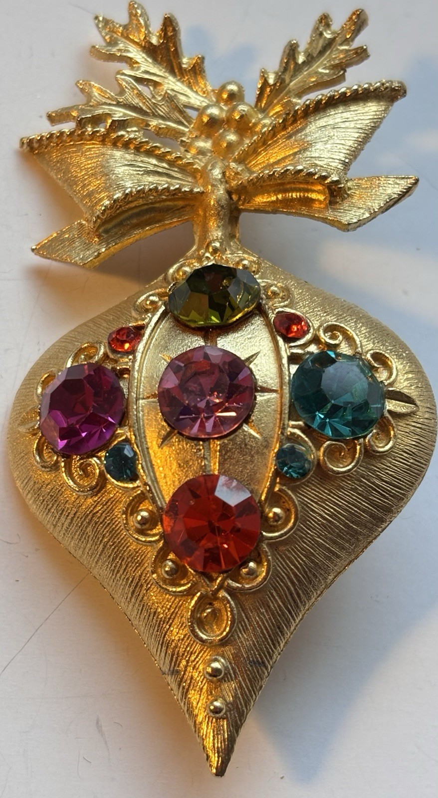 Vintage DODDS Christmas Ornament Bulb Brooch Multicolor Rhinestone Gold Tone 3”