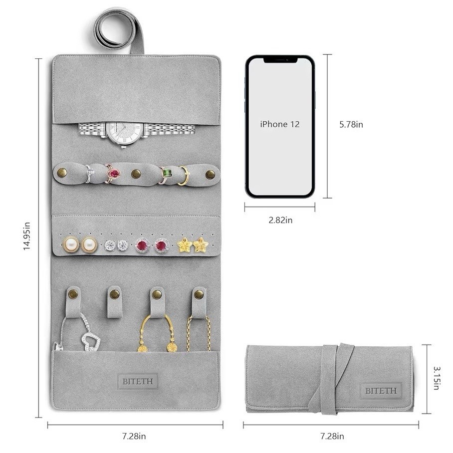 Leather Travel Jewelry Roll Organizer Rings Necklace Watch Case, Gray, BITETH