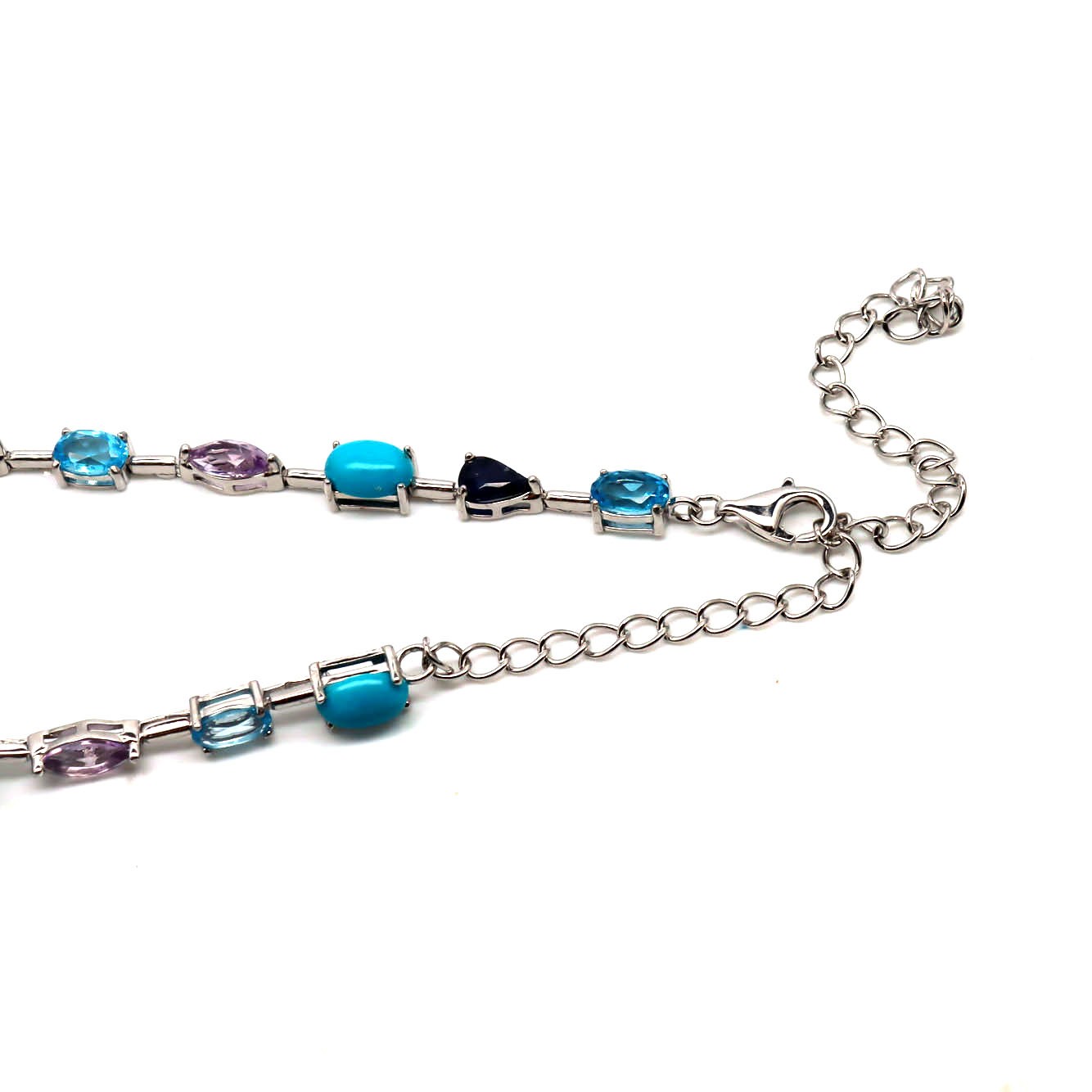 Natural Blue Turquoise Topaz Amethyst Sapphire Necklace 925 Sterling Silver 15in