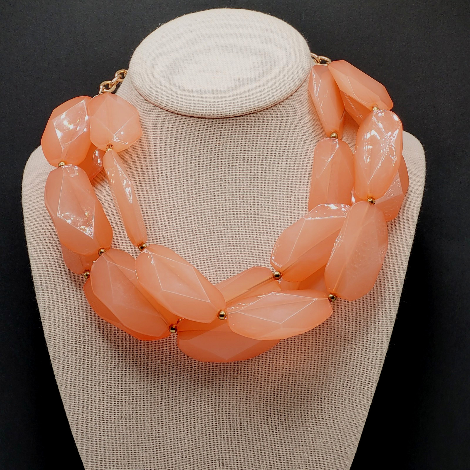 Glamourous Melon Peach Orange Shade Lucite Triple Strand Beaded Necklace 21 Inch