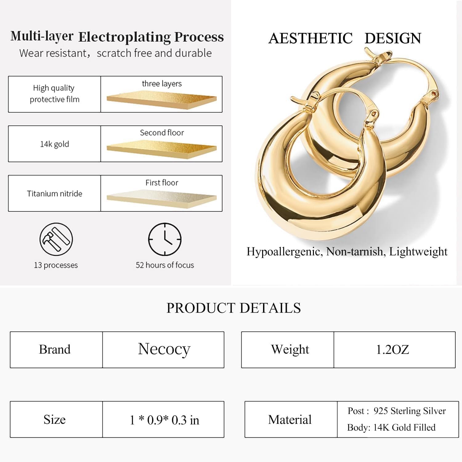 Chunky Gold Hoop Earrings for Women Non Tarnish, 14K Gold Plated Thick Triple Ho
