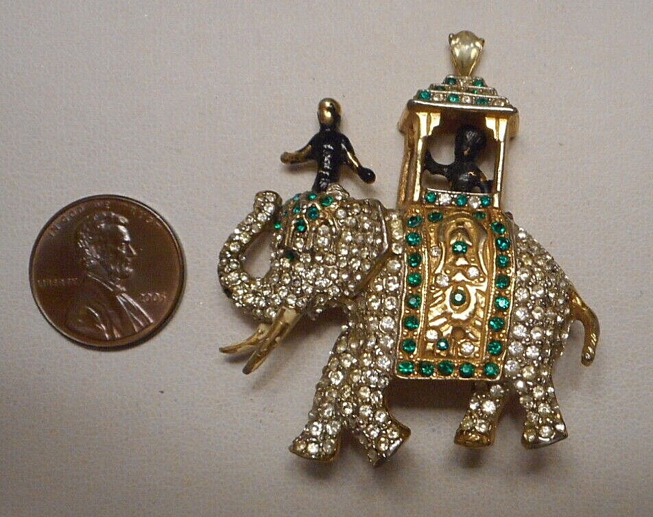 Vintage Boucher? Diamante & Emerald Rhinestone Pave Elephant w Howdah & Figures