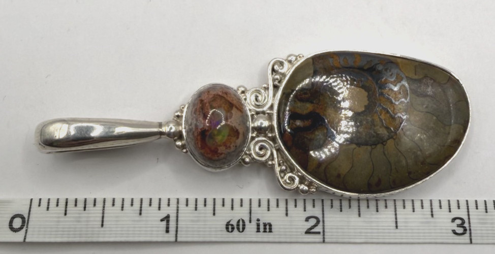 SAJEN Sterling Silver Ammonite Fossil Pendant w/ Fiery Opal Accent [076DUR]