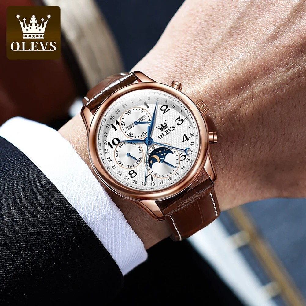 OLEVS Automatic Mechanical Watch Men’s Moon Phase Waterproof Leather Men Strap